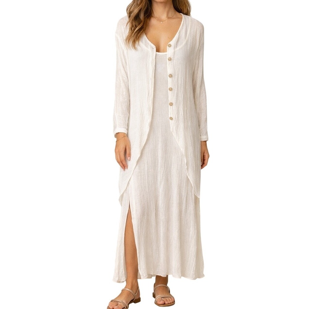 Vtg White Gauze Maxi Dress & Button Front Duster Set Sz L Lagenlook Coastal Boho